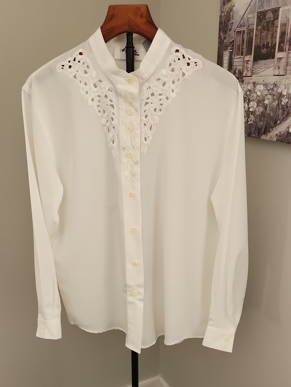 Vintage White Blouse, Ann Gerlin, Eyelet Lace Collar Size 10